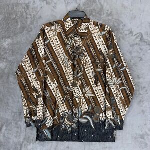 Danar‎ Hadi Solo Indonesia Mens Batik Long Sleeve Shirt Brown Floral Parang M